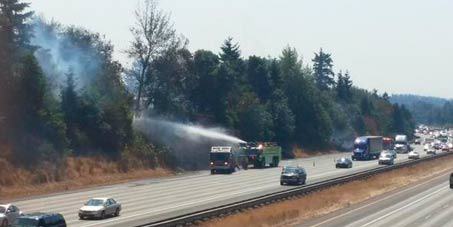 A brush fire breaks out early Thursday afternoon along I-5 near South 216th Street