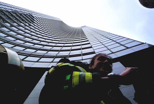 Kent firefighter Jessi Nemens prepares to climb the Columbia Center skyscraper in Seattle to raise funds for the Leukemia & Lymphoma Society.