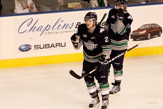 Seattle Thunderbirds Kyle Verdino skating back to the bench during a game against the Giants