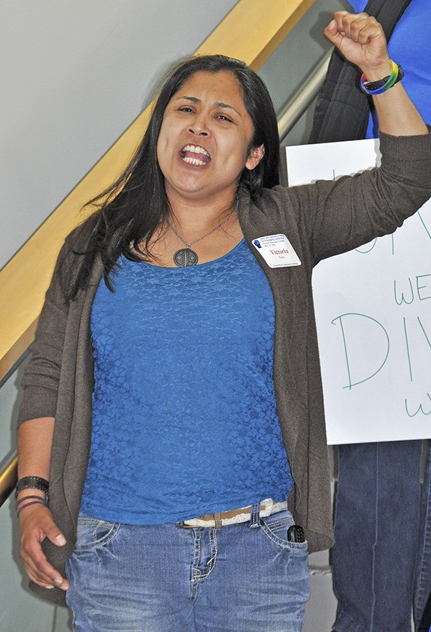 Green River College student and activist Victoria Pacho leads rally in support of Green River facility at Renton Technical College last Saturday during a solidarity event hosted by the American Federation of Teachers (AFT) Washington.