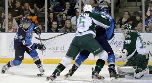 The T-Birds' Luke Lockhart fires a shot against the Silvertips during Saturday night's game.