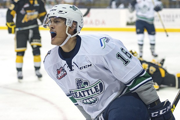 The Thunderbirds' Alexander True celebrates a goal during WHL finals series action against Brandon in May. The Wheat Kings downed the T-Birds in five games to win the league's Ed Chynoweth Cup.