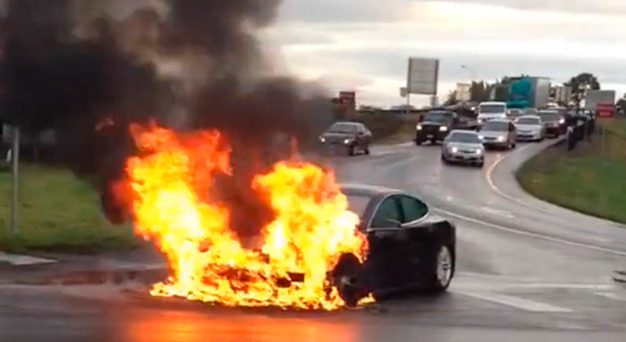 A Tesla Model S catches fire Tuesday