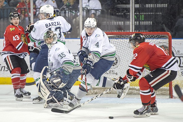 The Winterhawks' Miles Koules tries to unleash a shot as the Thunderbirds' Turner Ottenbreit and goalie Taran Kozun anticipate during WHL play Saturday night.