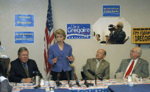 Gov. Chris Gregoire opens her campaign April 7 at the Rainbow Cafe in Auburn. On the left is congressman Norm Dicks. On the right is Gregoire’s husband Mike Gregoire.