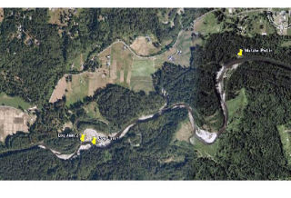 This aerial photo shows the marked locations of the two log jams on the Green River