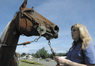 Jamie Watson stands Friday with her prized paint horse