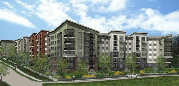 A rendering shows what the Grandview Apartments will look like when completed on Kent's West Hill along Veterans Drive (South 228th Street) near Military Road South. Construction is about 25 percent complete.