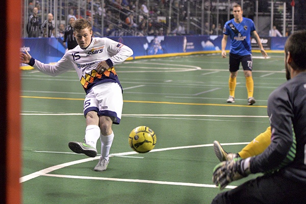 Tacoma Stars striker Mark Lee goes in for a goal during a playoff match against the San Diego Sockers on Wednesday at the ShoWare Center. The Stars lost 8-7 in double overtime.