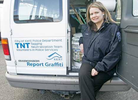Kent Police Education Specialist Sara Wood works with officers to combat graffiti through organized cleanups and provides property crime-prevention tips to local businesses.