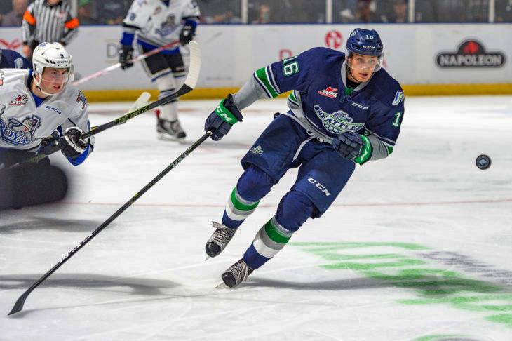 Seattle’s Alexander True chases the puck against Victoria on Friday night. True scored twice in a 3-1 WHL victory. COURTESY PHOTO