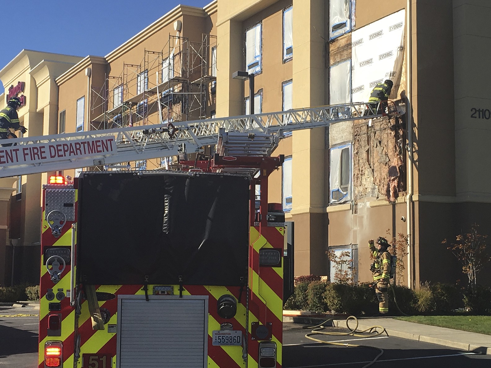 Kent firefighters quick responded and put out a fire that damaged one corner of the Hampton Inn on Tuesday afternoon. There were no injuries. COURTESY PHOTO
