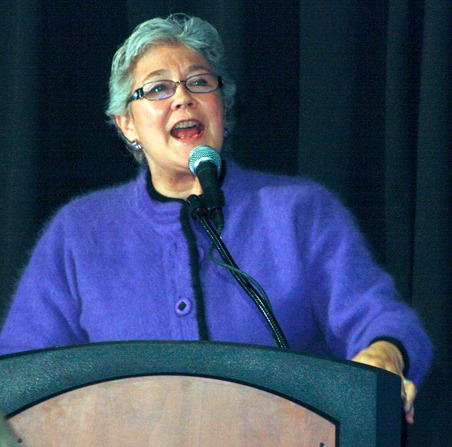 Kent Mayor Suzette Cooke delivers her State of the City address on Wednesday at the ShoWare Center.