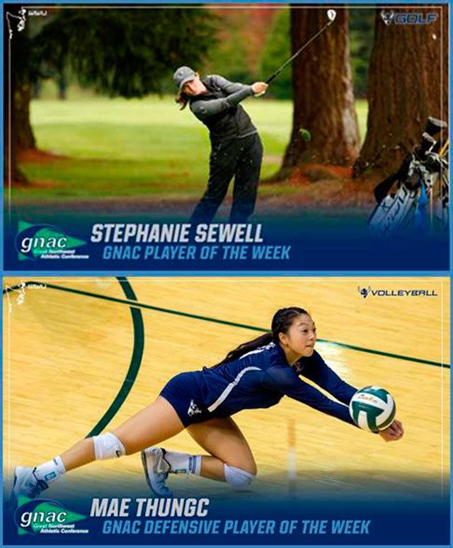 Sophomore Stephanie Sewell, top, was recognized as the Great Northwest Athletic Conference women’s golf player of the week Oct. 24-30, and redshirt freshman Mae Thungc was honored the GNAC defensive volleyball player the week for the same week. Both graduated from Kentridge High School in 2015. COURTESY PHOTOS