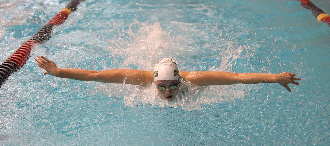 Kentridge High School senior Haley Childress swims the 100-yard butterfly during the 4A state championships at the King County Aquatic Center in Federal Way last weekend. She finished sixth in the event. COURTESY PHOTO, Tracy Arnold