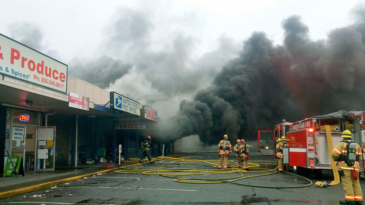 An apparent arson fire burned down a Dollar Tree store and other businesses on Sunday on Kent’s West Hill along Pacific Highway South.