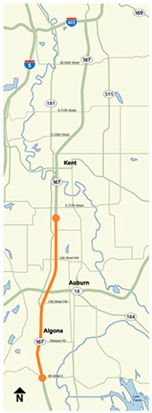 The project widens SR 167 to add a lane in the southbound direction from Kent to Auburn and extends the existing High Occupancy Toll (HOT) Lanes system south on SR 167 in the Green River Valley. COURTESY MAP, WSDOT