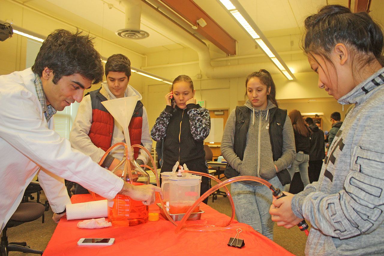 Shiv Bhandari, a University of Washington medical student, left, shows students at Mill Creek Middle School how the heart pumps blood. MARK KLAAS, Kent Reporter