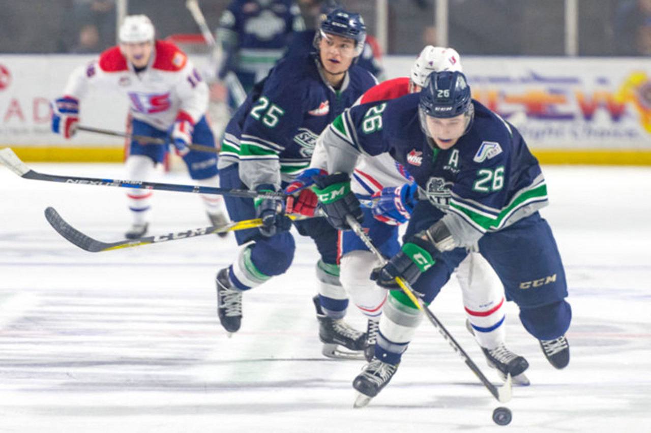 The Thunderbirds’ Nolan Volcan pushes the puck up the ice against the Chiefs. COURTESY PHOTO, Brian Liesse/T-Birds