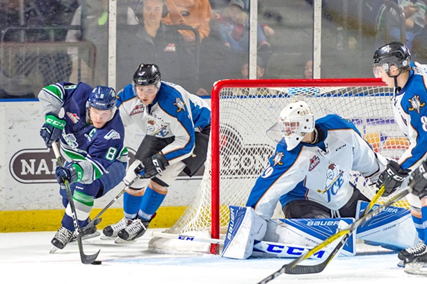 Thunderbirds captain Scott Eansor attempts to fire a shot past Ice goalie Jakob Walter during WHL action Friday night at the ShoWare Center. COURTESY PHOTO, Brian Liesse, Thunderbirds