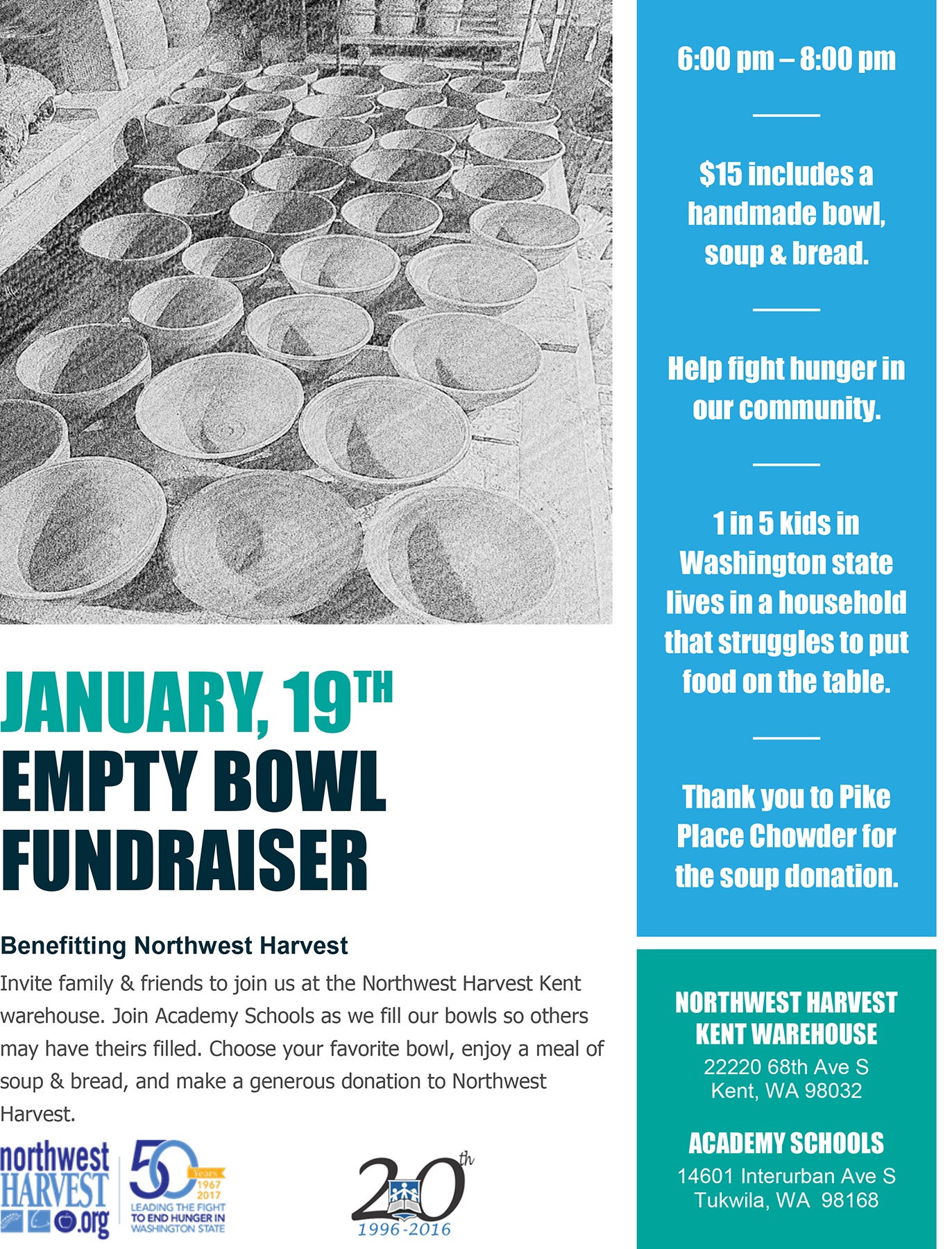 Academy Schools to co-host Empty Bowl at Northwest Harvest in Kent
