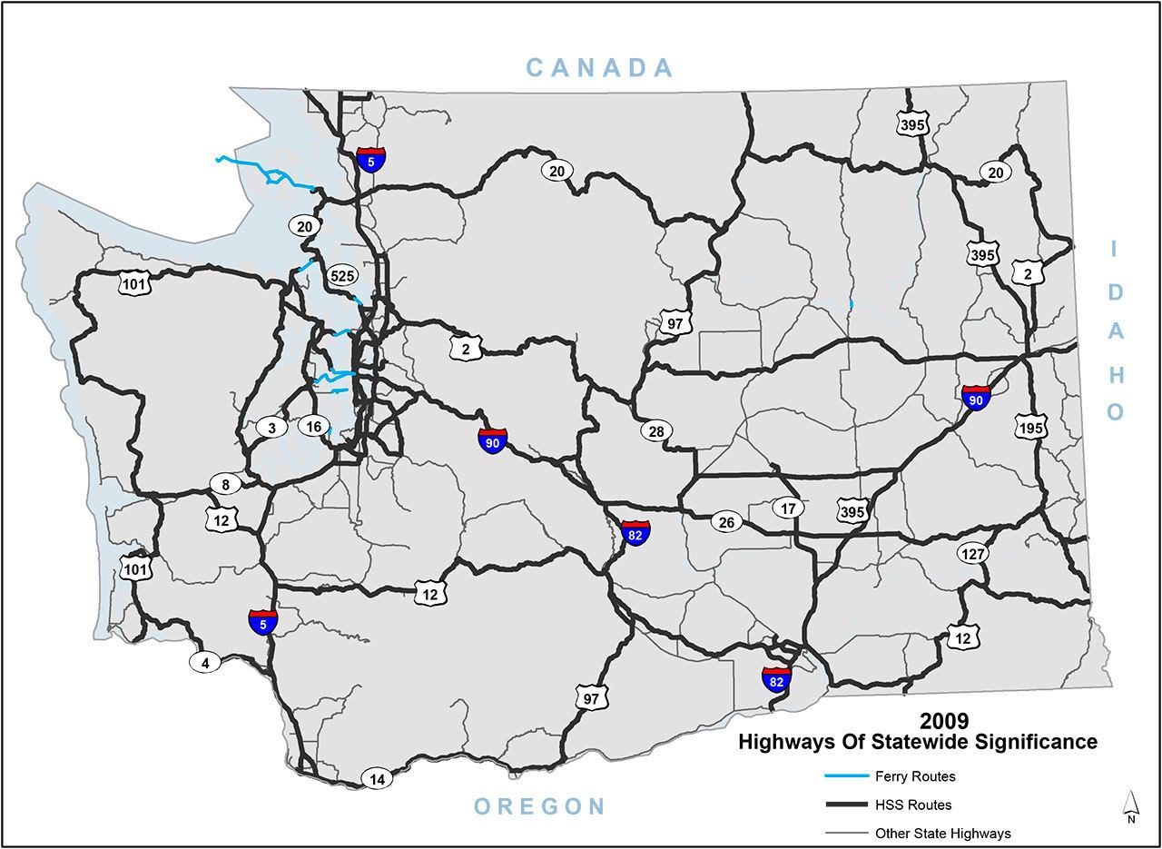 A proposal to replace or augment the state’s gas tax for road improvements and construction is getting a test-drive by the Department of Transportation. All roads are affected. The map shows Washington’s major state and interstate highways. COURTESY, Washington State Department of Transportation