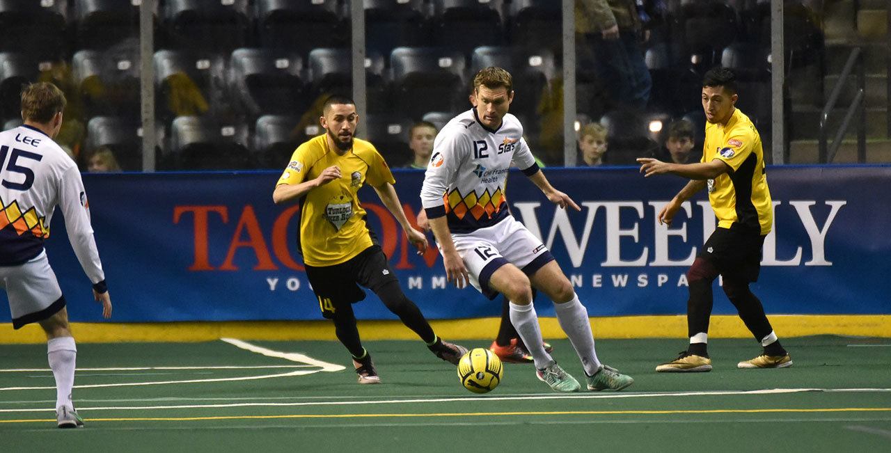 Stars forward Dan Antoniuk competes for the ball against Turlock in past MASL play. The Stars look to stay unbeaten at home against the Express on Friday. COURTESY PHOTO, Red Williamson/Stars