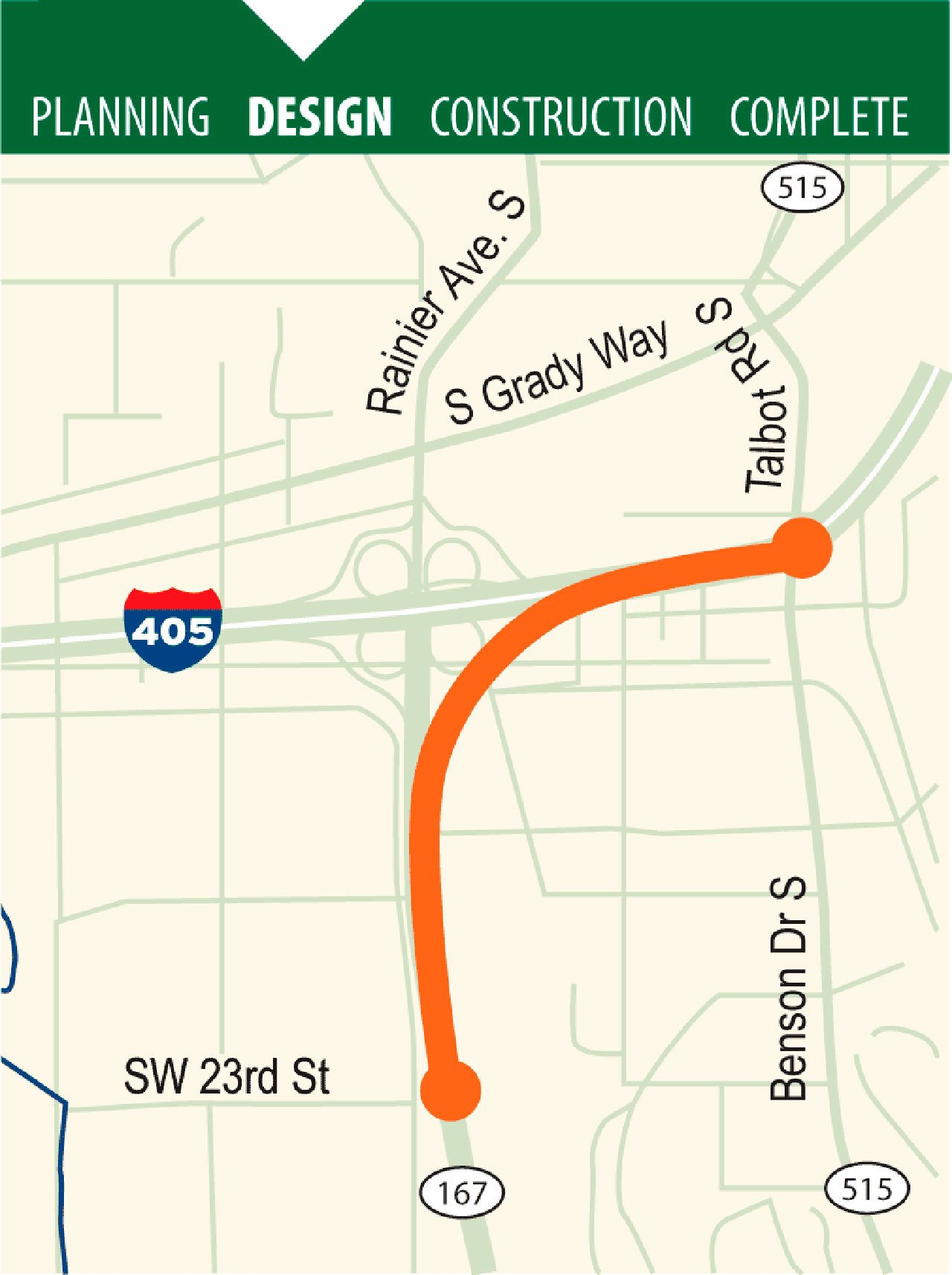 Through the I-405/SR 167 interchange project, crews will build a new flyover ramp connecting the HOT lanes on SR 167 to the carpool lanes on I-405 in Renton. This ramp will improve traffic flow and safety at this critical interchange. COURTESY MAP, WSDOT.