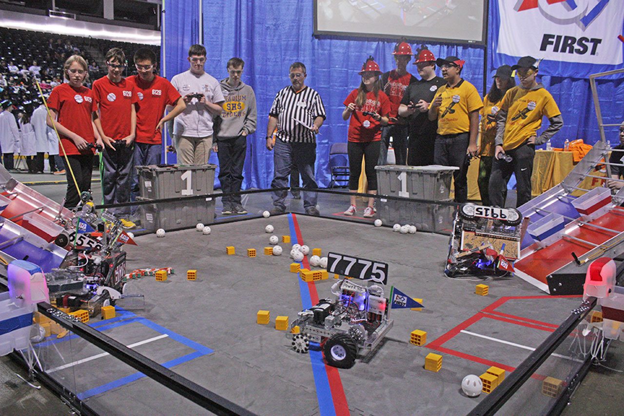 Teams compete in a battle between machines in last year’s state showdown at the ShoWare Center. MARK KLAAS, Kent Reporter