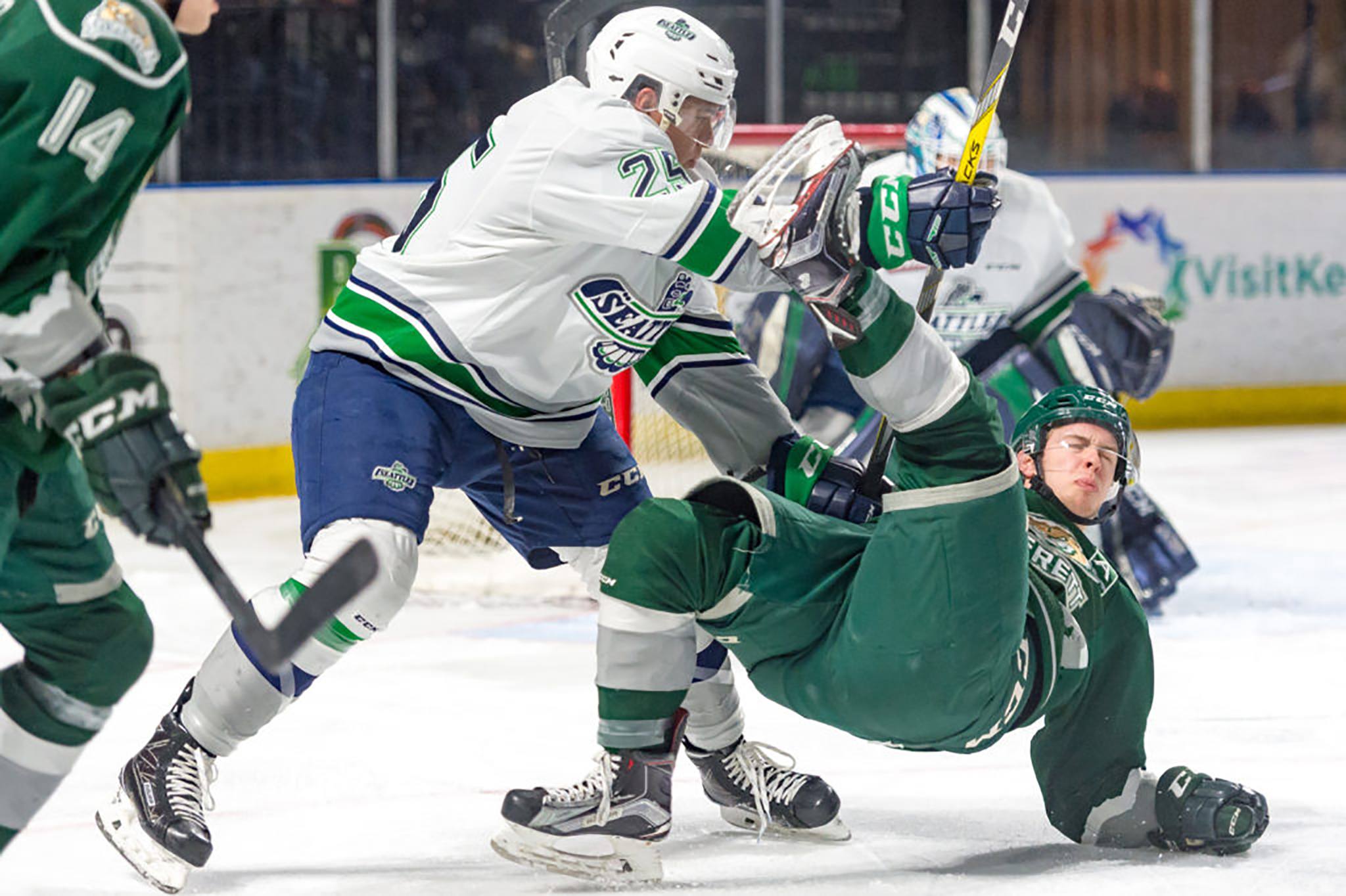 The Thunderbirds’ Ethan Bear upends a Silvertip during WHL play Sunday evening. Seattle won 6-1 to clinch a playoff berth. COURTESY PHOTO, Brian Liesse/T-Birds
