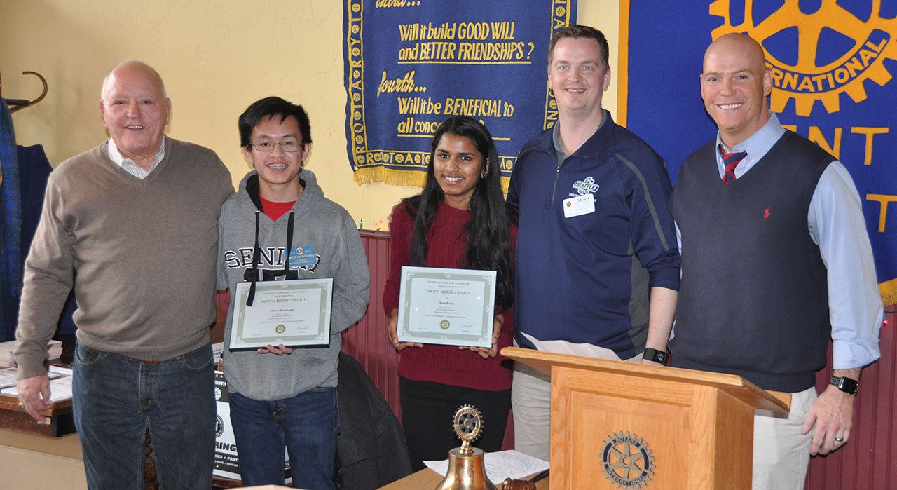 At the presentations are: Rotary Club president-elect nominee Don Gregory; Kent Meridian students Simon Manivong and Rose Reed; Sean Runnels, Kent Rotarian and chair of the club’s Vocational Services Committee; and Kent-Meridian assistant principal Scott Haines. COURTESY PHOTO