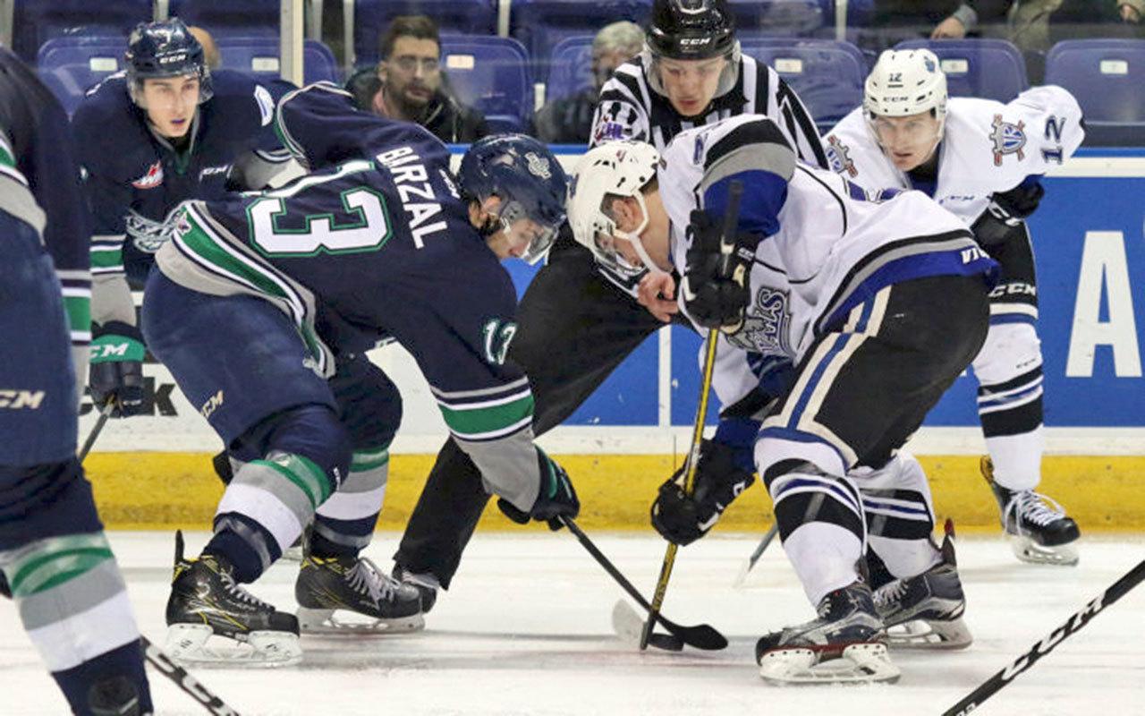 The Thunderbirds’ Mathew Barzal prepares for a face-off against the Royals on Tuesday night. COURTESY PHOTO, Jon Howe