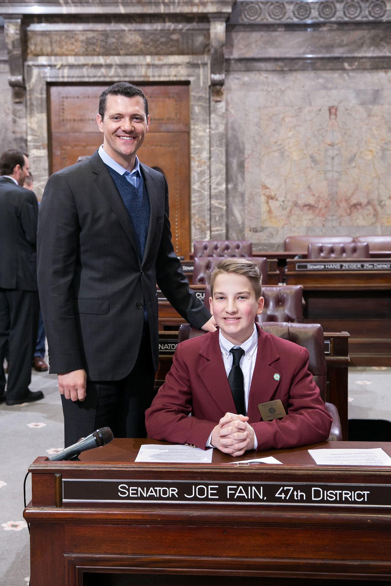 Joseph Arcarese III on the Senate floor with Sen. Joe Fain. COURTESY PHOTO, Washington State Legislature