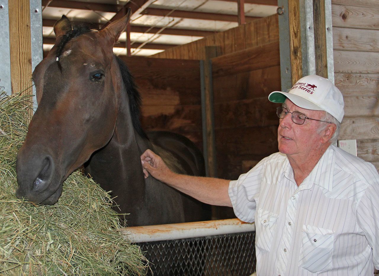 Hall of Fame trainer Jim Penney with one his geldings, Jebrica, in his stable in 2012. REPORTER FILE PHOTO