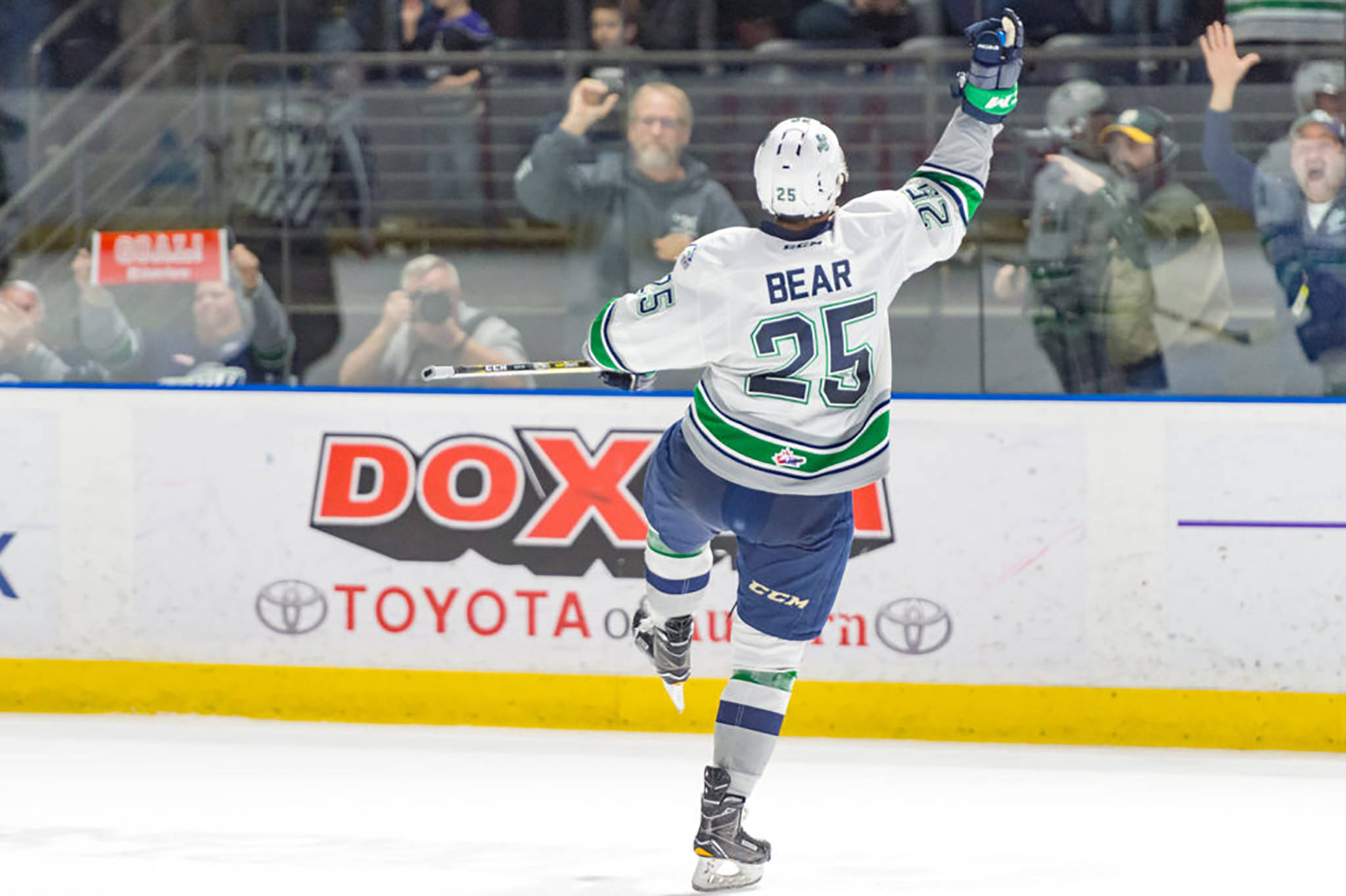 The Thunderbirds’ Ethan Bear celebrates his 27th goal of the season, a shot late in the game that lifted his team to a 3-2 win over the Silvertips on Friday night. COURTESY PHOTO, Brian Liesse/T-Birds