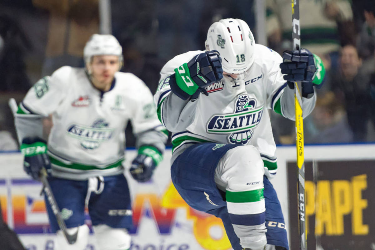 The Thunderbirds’ Sami Moilanen celebrates one of his two goals against the Americans on Friday night. COURTESY PHOTO, Brian Liesse, T-Birds