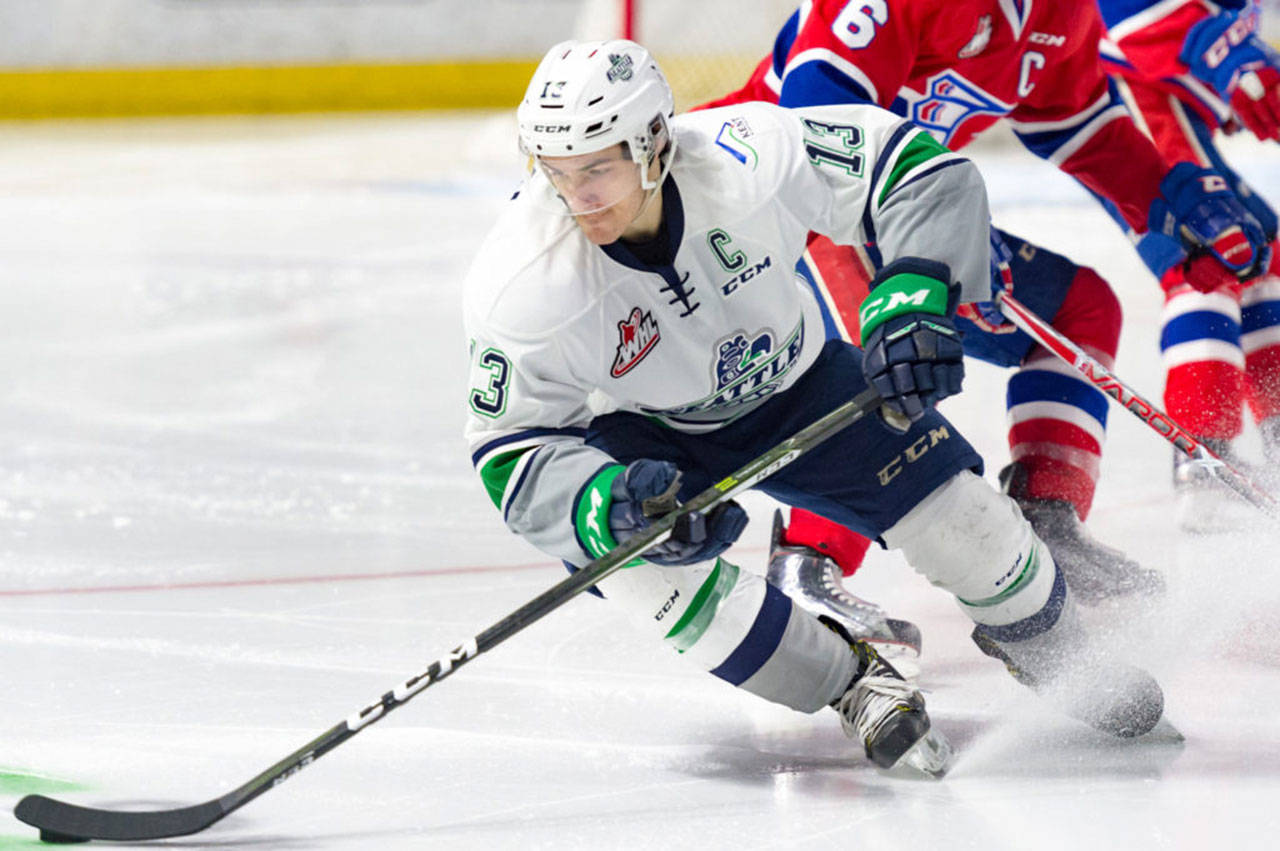 The Thunderbirds’ Mathew Barzal maneuvers the puck during WHL play against the Chiefs on Tuesday night. COURTESY PHOTO, Brian Liesse/T-Birds