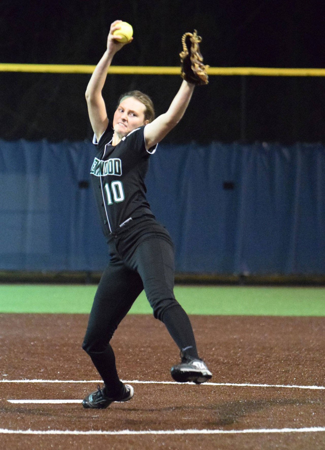 Kentwood’s Taylor Lott launches a pitch during Wednesday’s game. RACHEL CIAMPI, Auburn Reporter