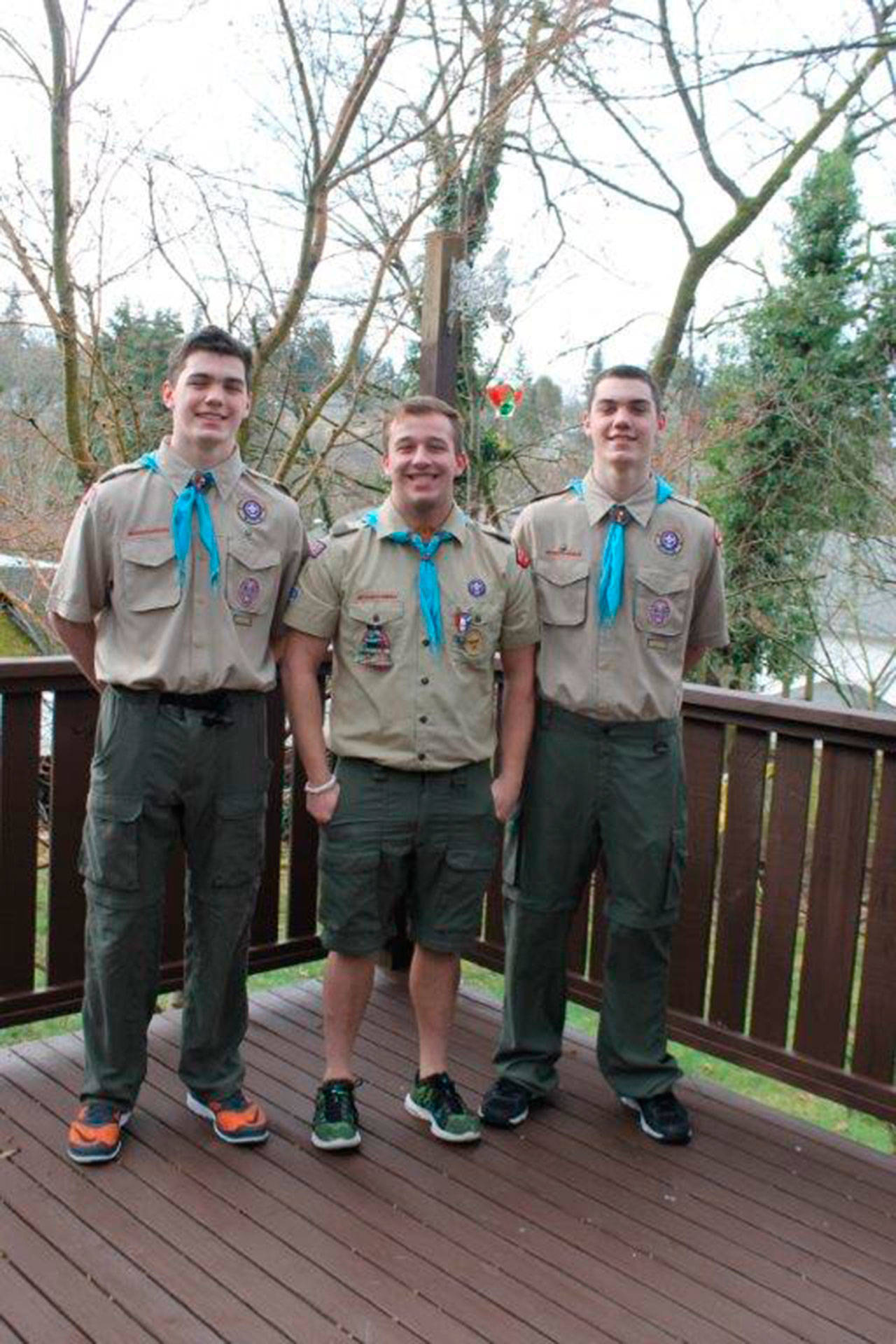 Kentridge High School seniors, from left, Ryan Jackson, Dylan Koopmans and Sean Jackson have earned the rank of Eagle Scout. COURTESY PHOTO
