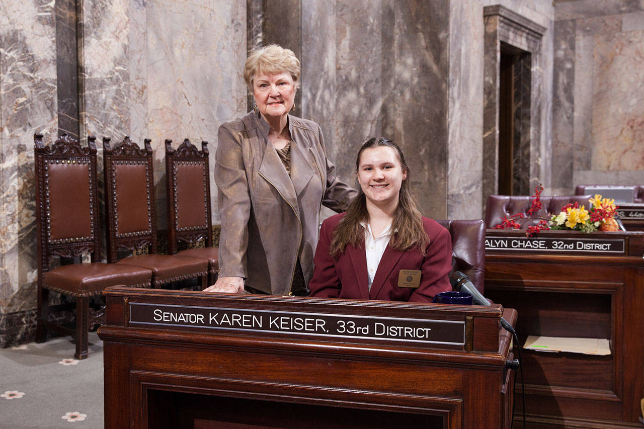 Terra Lynn Korve on the Senate floor with Sen. Karen Keiser. COURTESY PHOTO, Washington State Legislature