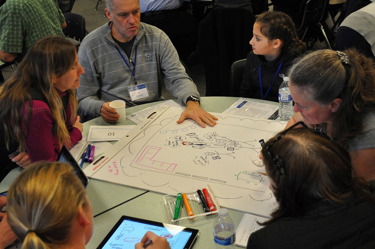 A group works on its sketch during the Kent School District’s Tech Summit on March 18. The sketches will be used to make a video showing how technology should be used in the district. HEIDI SANDERS, Kent Reporter