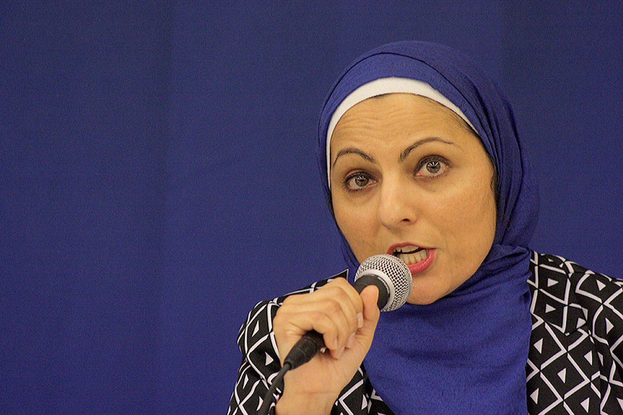 Aneelah Afzali, a Harvard law graduate who is the executive director of MAPS-AMEN (Muslim Association of Puget Sound-American Muslim Empowerment Network), talks at the forum. MARK KLAAS, Kent Reporter