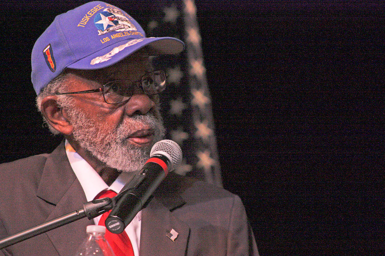 Theodore “Ted” Lumpkin, an original Tuskegee Airman, speaks at the Legends of Aviation program at Green River College on April 12. MARK KLAAS, Auburn Reporter