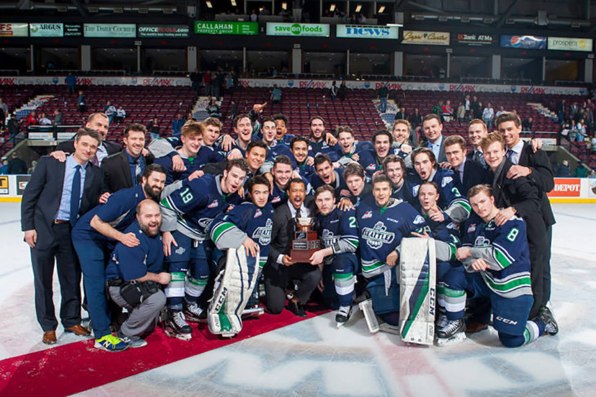 The Seattle Thunderbirds celebrate the Western Conference Championship on the ice after beating the Kelowna Rockets 3-1 in Game 6 at Prospera Place in Kelowna, British Columbia on Sunday. COURTESY PHOTO, Marissa Baecker/Shoot the Breeze.