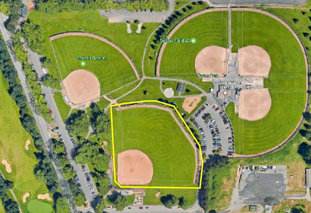 The city of Kent will convert Field No. 1 (outlined in yellow) at Hogan Park at Russell Road to synthetic turf from grass this summer.