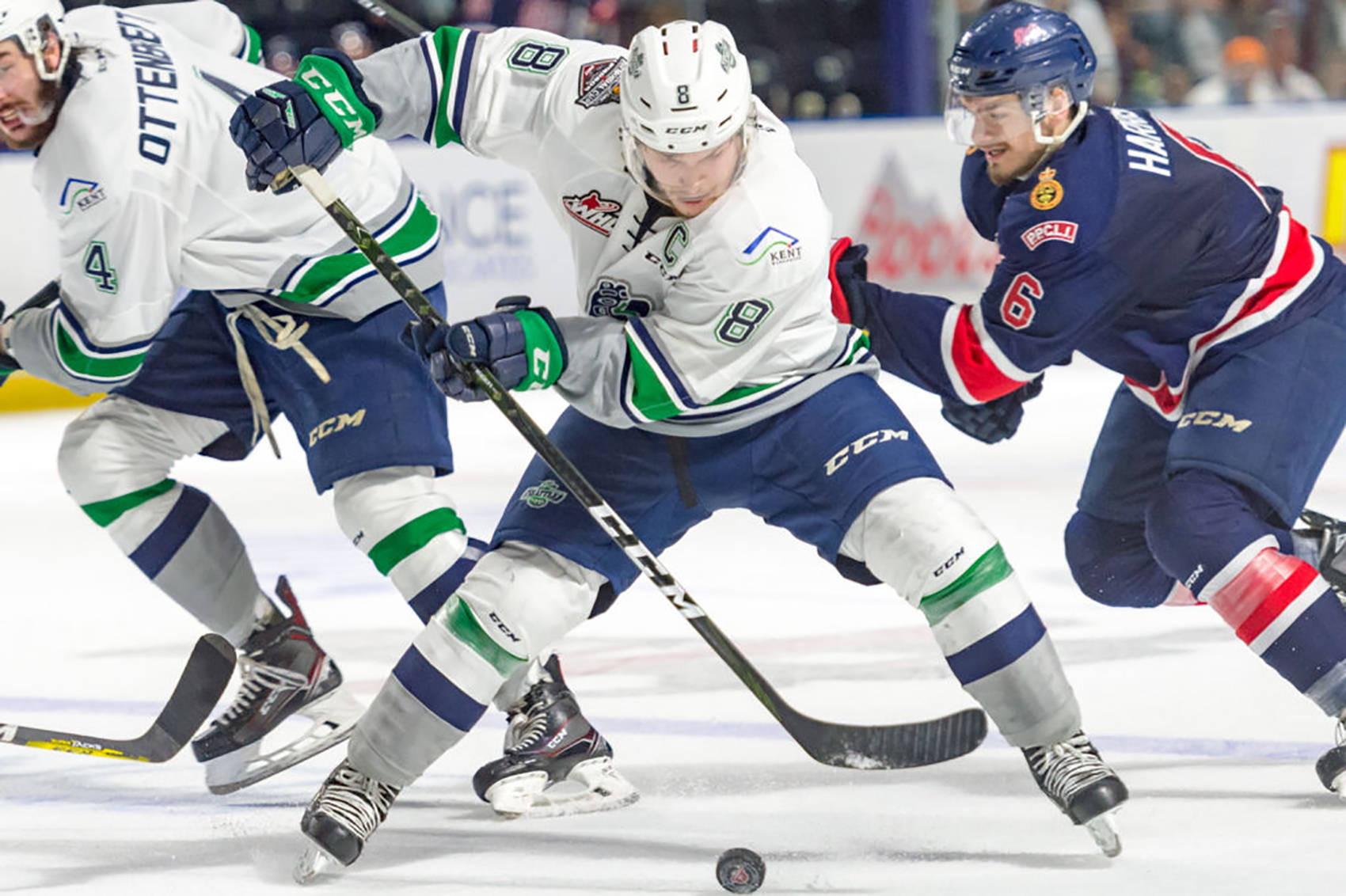 The Thunderbirds’ Scott Eansor tries to control the puck against the Pats during Game 4 WHL championship series action Wednesday night at the ShoWare Center. COURTESY PHOTO, Brian Liesse/T-Birds