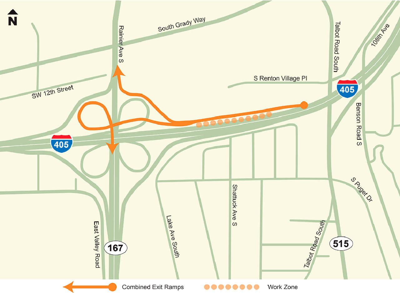 Drivers in Renton will find a new configuration off the off-ramp from I-405 to Rainier Avenue South and SR 167 as early as this weekend. COURTESY MAP/WSDOT