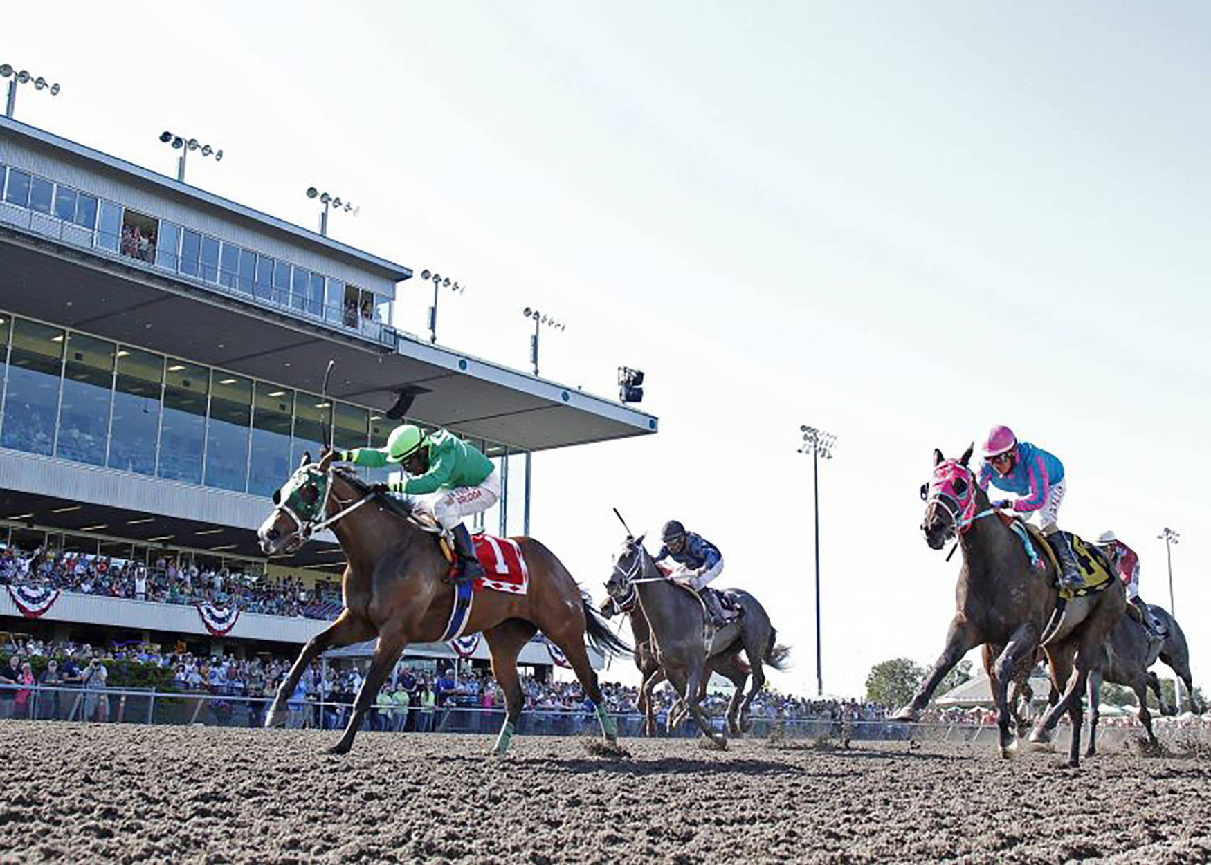 Risques’s Legacy, with Rocco Bowen up, left, edges Retreat Yourself and a Blazinbeauty for a one-length victory in the $50,000 Kent Stakes for 3-year-old fillies at Emerald Downs on Sunday. COURTESY PHOTO, Emerald Downs