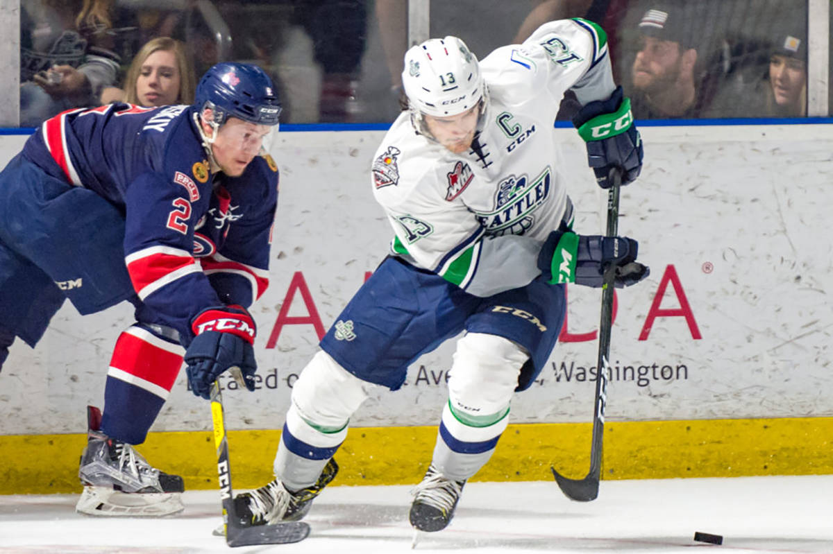 The Thunderbirds’ Mathew Barzal had two goals and an assist in the crucial Game 5 win over the Pats on Friday night. COURTESY PHOTO, Brian Liesse/T-Birds