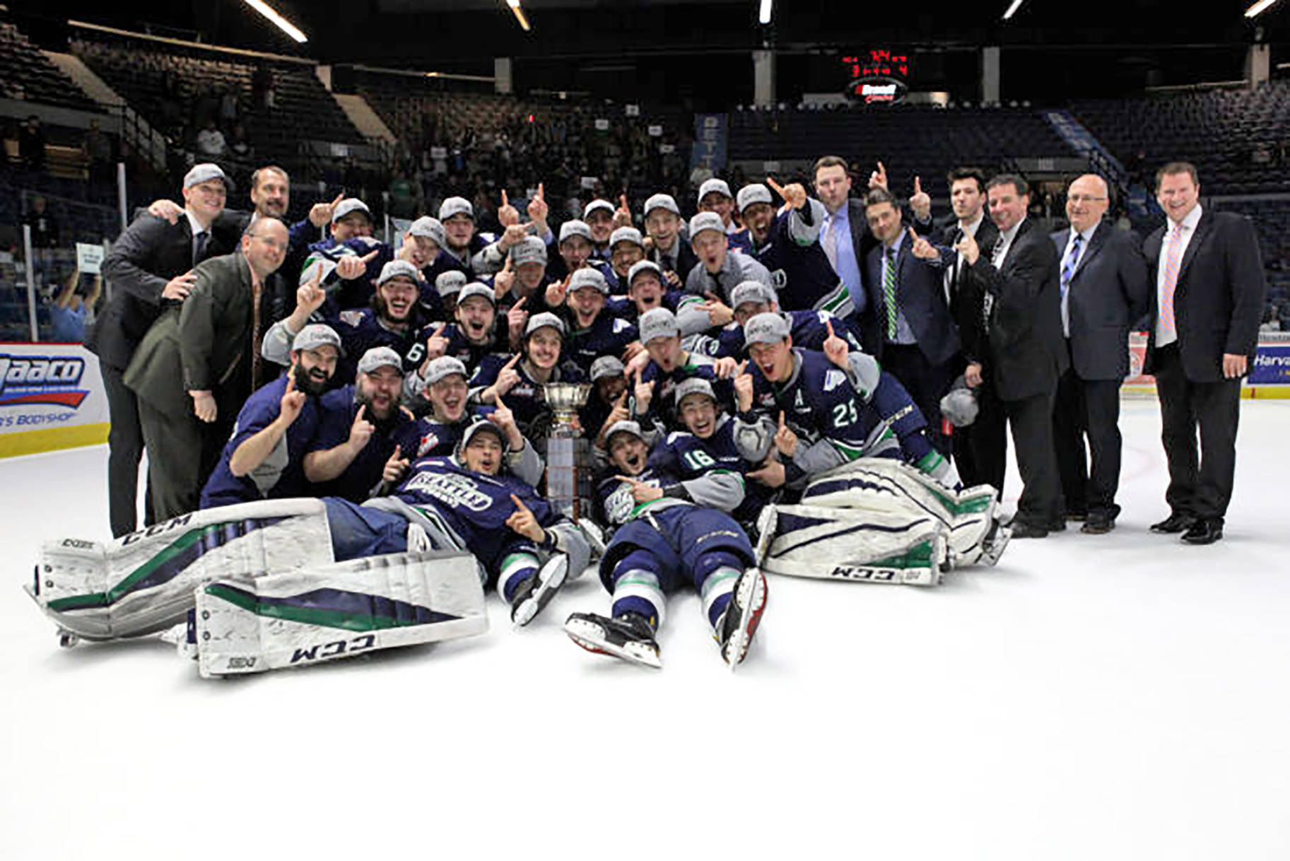 Seattle Thunderbirds celebrate their first Western Hockey League championships with a Game 6 win over the Regina Pats on Sunday night. COURTESY PHOTO, Keith Hershmiller